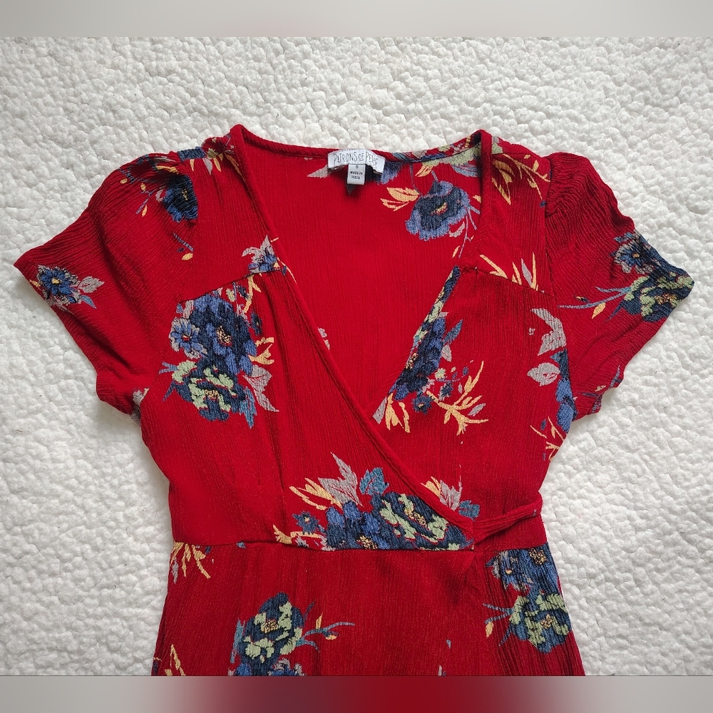 Patrons of Peace Small Red Short Sleeve V-neck Wrap Dress Tie Waist - Picture 10 of 12